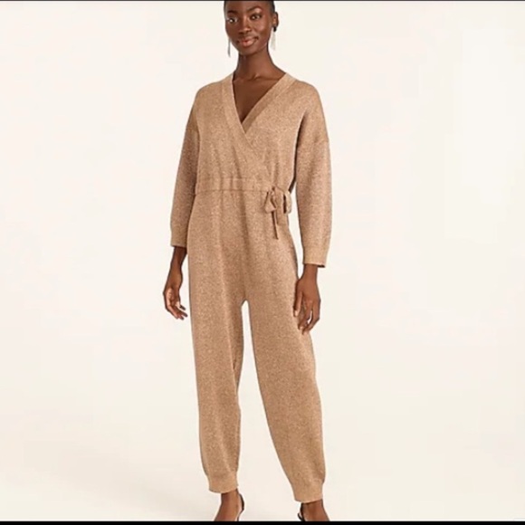J Crew Metallic Gold Wool Blend Drawstring Waist Holiday Jumpsuit Small Glitter - Picture 1 of 12